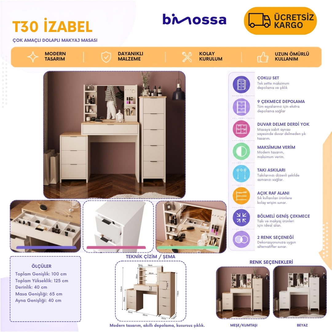 Bimossa T30 İzabel Çekmeceli Dolaplı Makyaj Masası