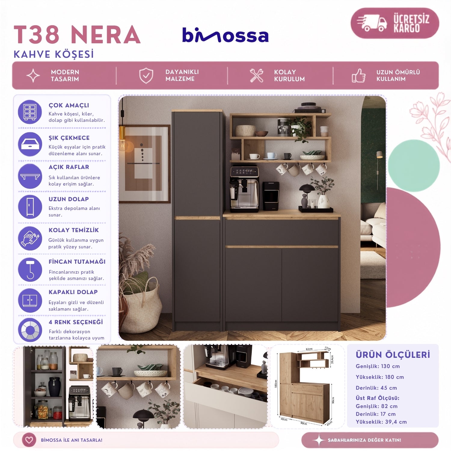Bimossa T38 Nera Uzun Dolaplı Kahve Köşesi, Yeni Çok Amaçlı Dolap, Raflı Çekmeceli Mutfak Dolabı