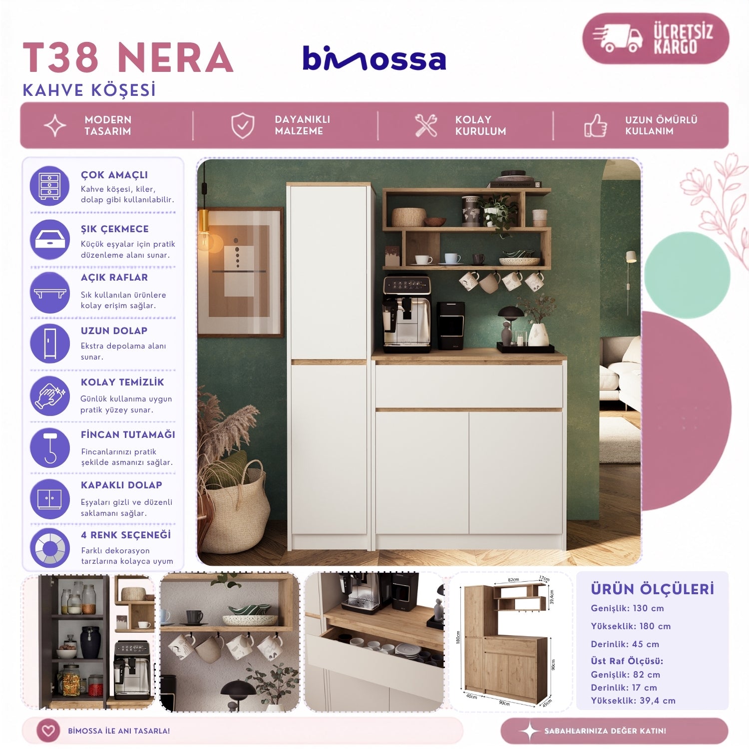 Bimossa T38 Nera Uzun Dolaplı Kahve Köşesi, Yeni Çok Amaçlı Dolap, Raflı Çekmeceli Mutfak Dolabı