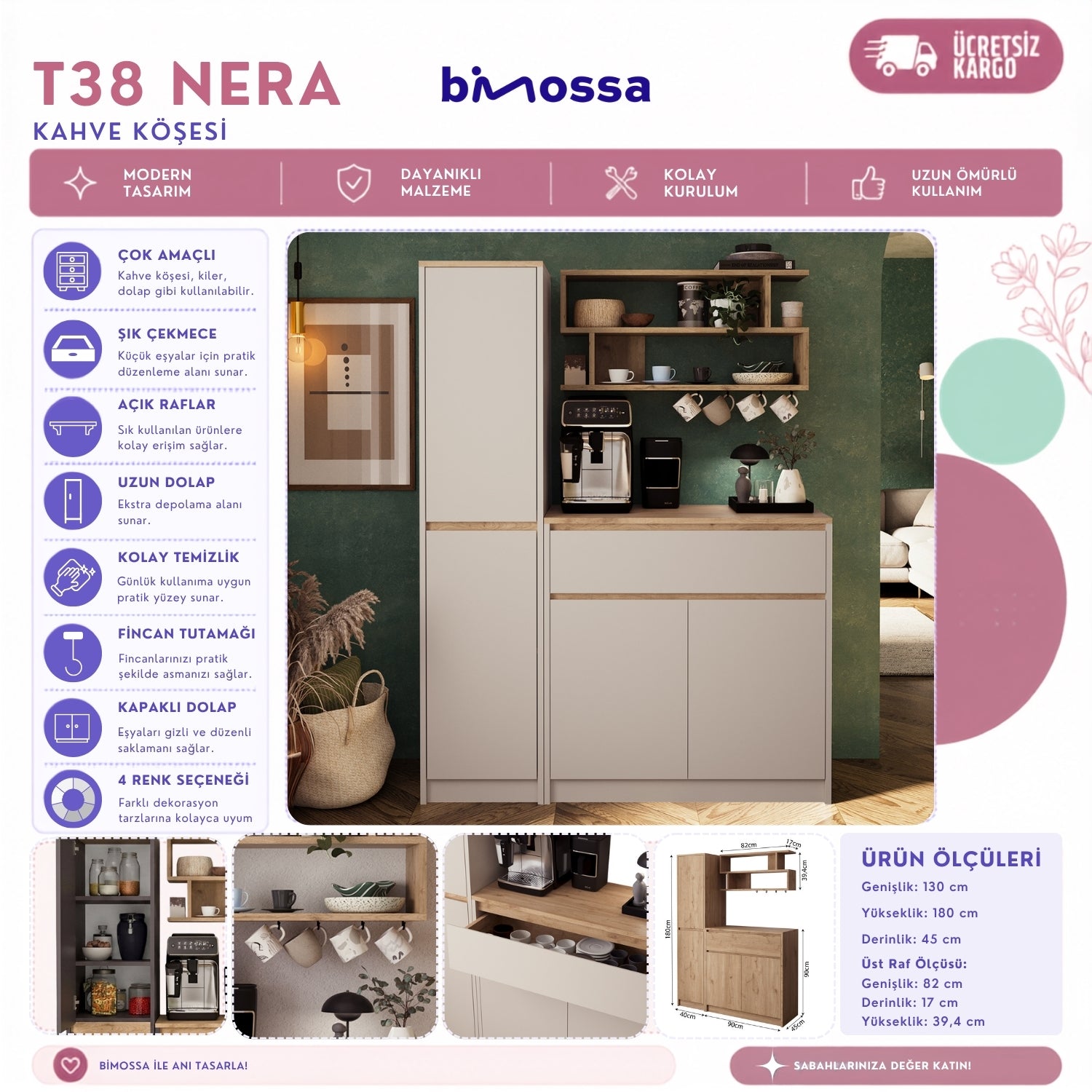 Bimossa T38 Nera Uzun Dolaplı Kahve Köşesi, Yeni Çok Amaçlı Dolap, Raflı Çekmeceli Mutfak Dolabı