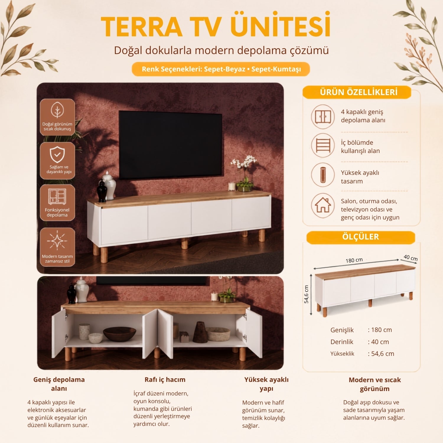 Bimossa D41 Terra 180 cm Yüksek Ayaklı 4 Kapaklı TV Ünitesi, Televizyon Sehpası Depolama Dolabı