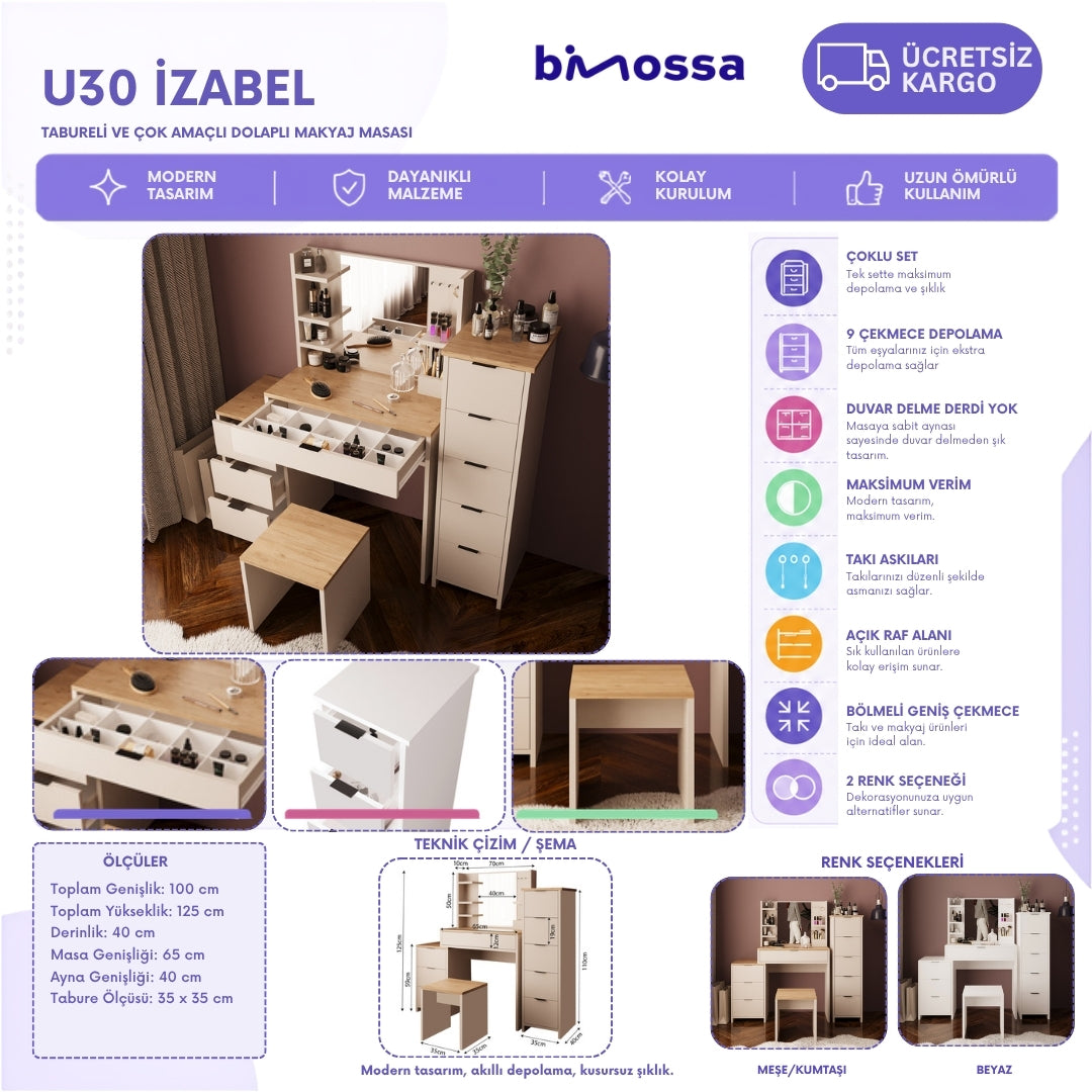 Bimossa U30 İzabel Çekmeceli Tabureli Dolaplı Makyaj Masası