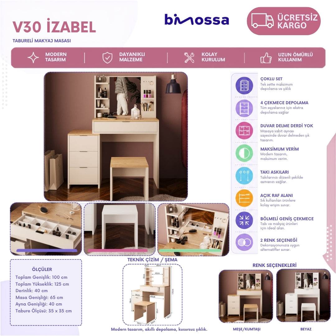 Bimossa V30 İzabel Çekmeceli Tabureli Makyaj Masası