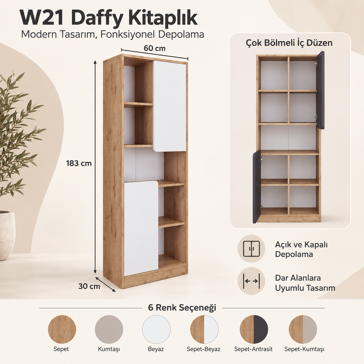 Bimossa W21 Daffy Kitaplık - 183 cm Yüksek, 2 Kapaklı, Raflı ve 9 Bölmeli Çok Amaçlı Dolap