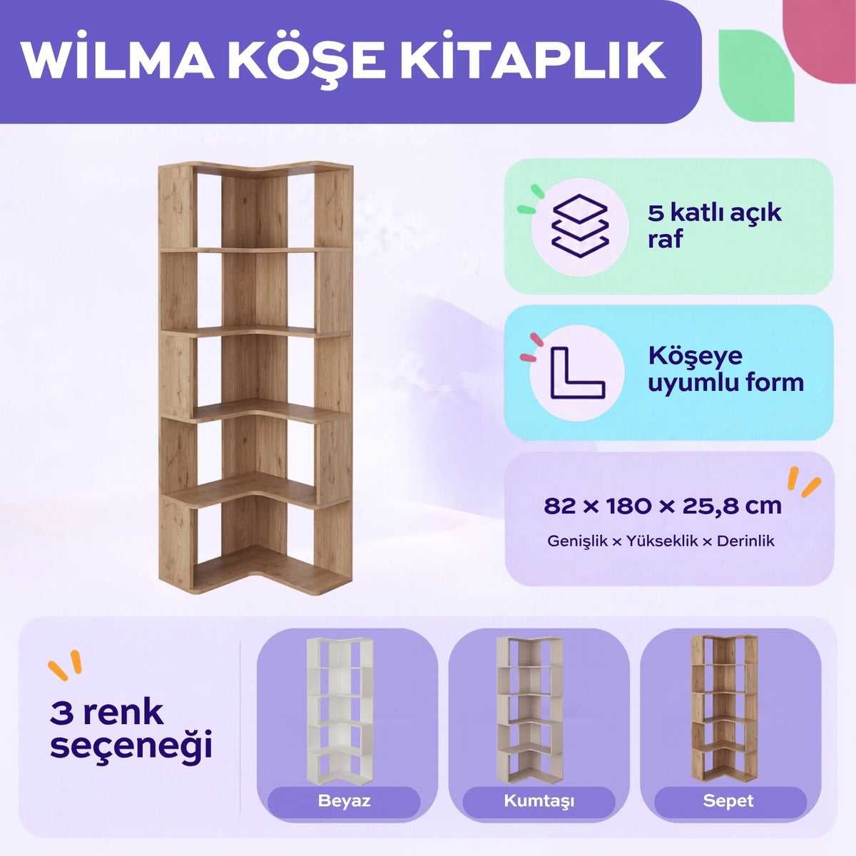 Bimossa W52 Wilma Köşe Kitaplık, 5 Katlı Açık Raflı 180 cm Köşe Depolama Ünitesi