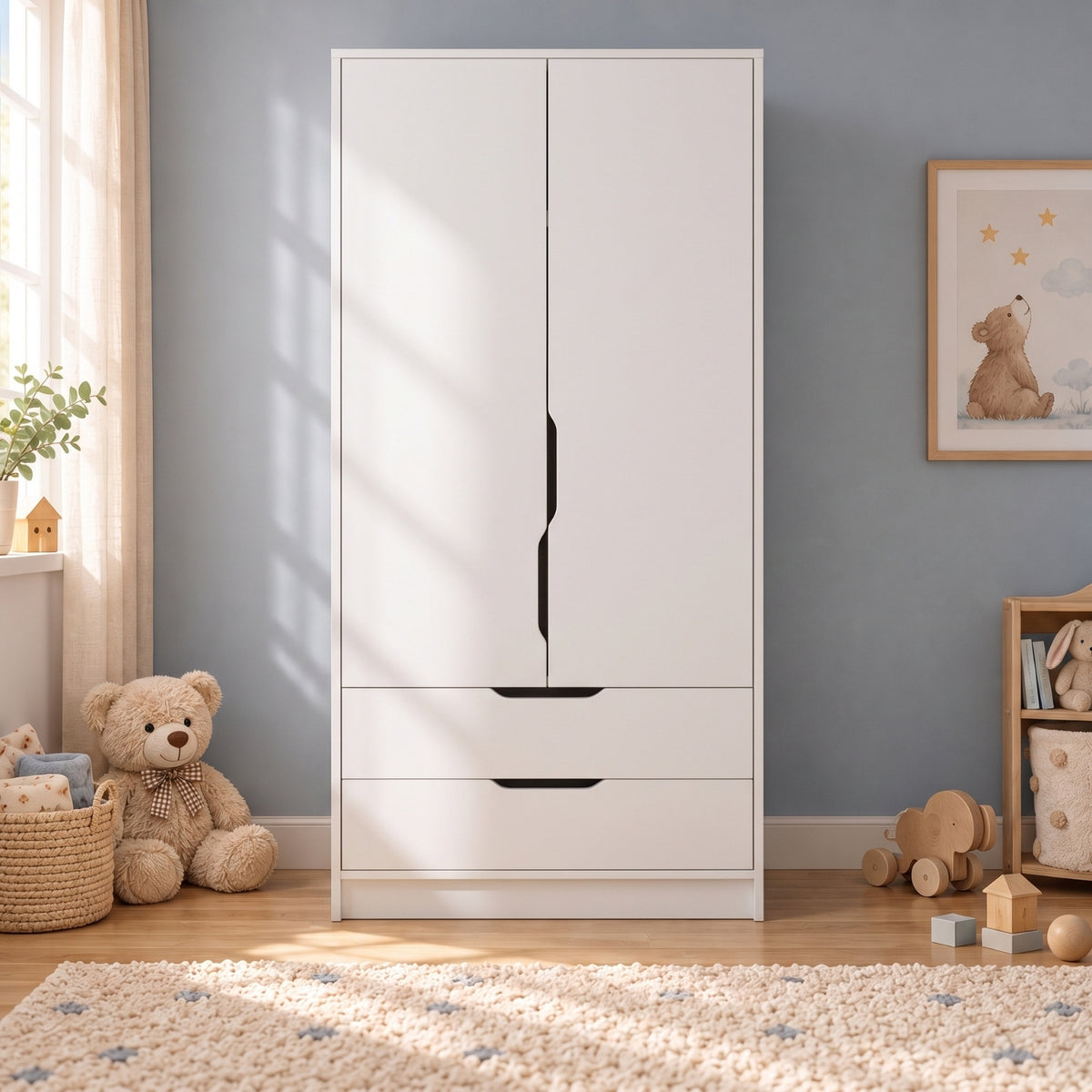 Bimossa KG22 Winnie 2 Kapaklı Gardırop, 80 cm Askılı ve 2 Çekmeceli Bebek ve Çocuk Odası Gardırobu