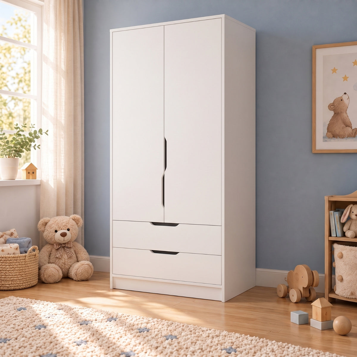 Bimossa KG22 Winnie 2 Kapaklı Gardırop, 80 cm Askılı ve 2 Çekmeceli Bebek ve Çocuk Odası Gardırobu