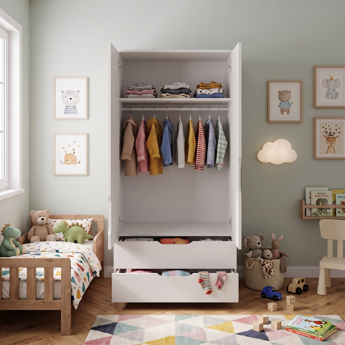 Bimossa KG22 Winnie 2 Kapaklı Gardırop, 80 cm Askılı ve 2 Çekmeceli Bebek ve Çocuk Odası Gardırobu