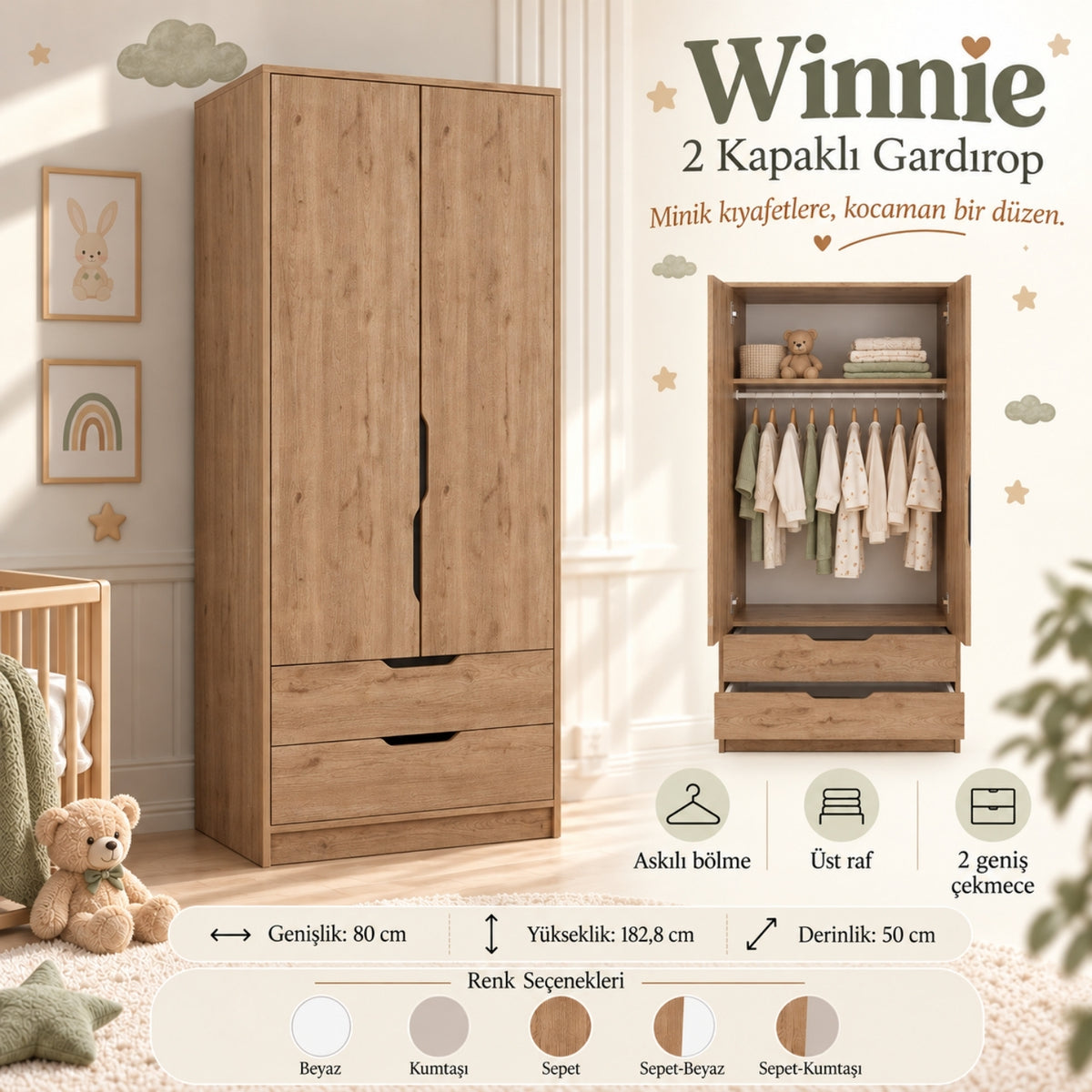 Bimossa KG22 Winnie 2 Kapaklı Gardırop, 80 cm Askılı ve 2 Çekmeceli Bebek ve Çocuk Odası Gardırobu