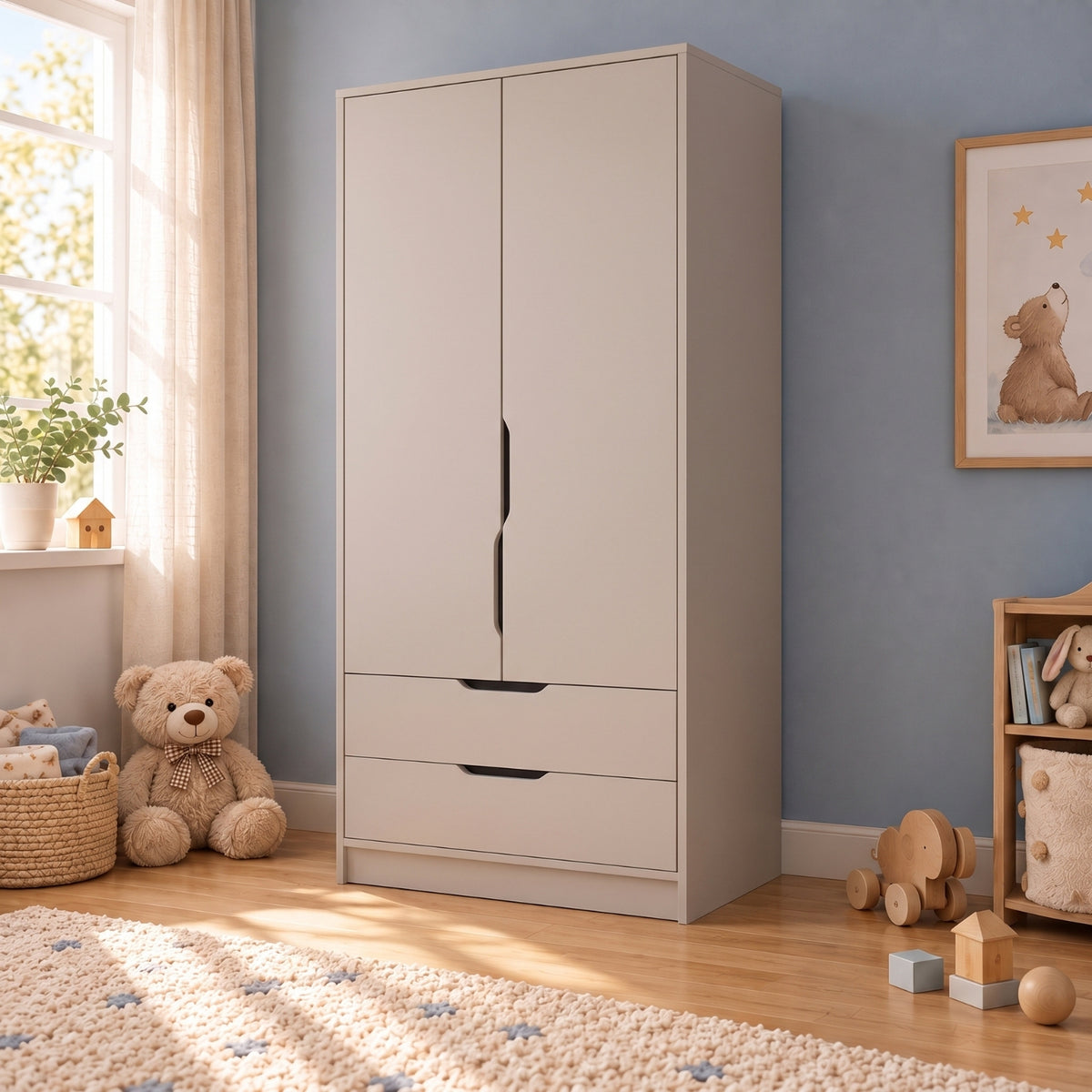 Bimossa KG22 Winnie 2 Kapaklı Gardırop, 80 cm Askılı ve 2 Çekmeceli Bebek ve Çocuk Odası Gardırobu