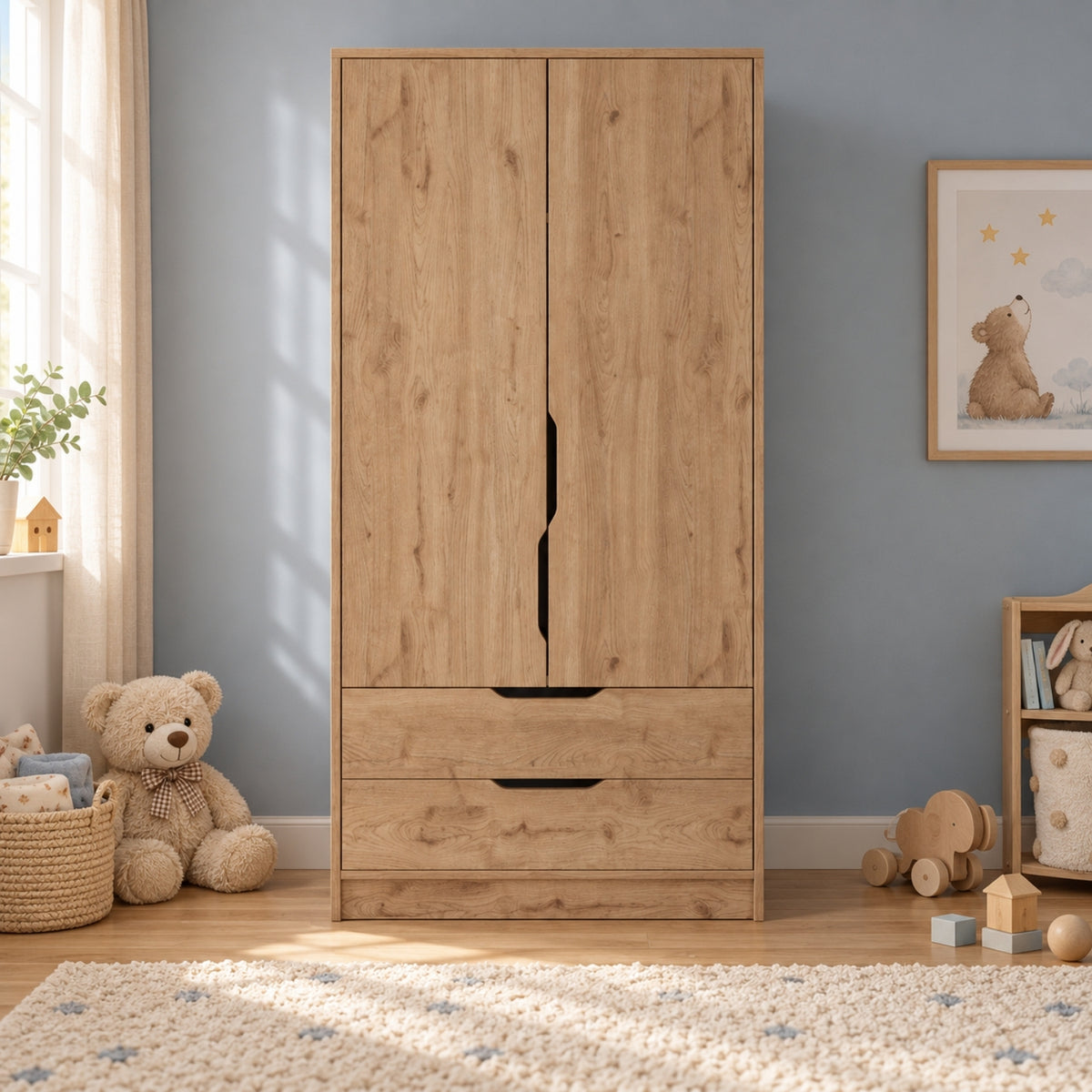 Bimossa KG22 Winnie 2 Kapaklı Gardırop, 80 cm Askılı ve 2 Çekmeceli Bebek ve Çocuk Odası Gardırobu