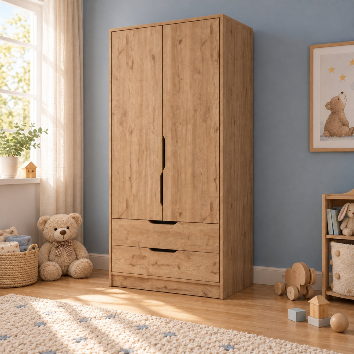 Bimossa KG22 Winnie 2 Kapaklı Gardırop, 80 cm Askılı ve 2 Çekmeceli Bebek ve Çocuk Odası Gardırobu