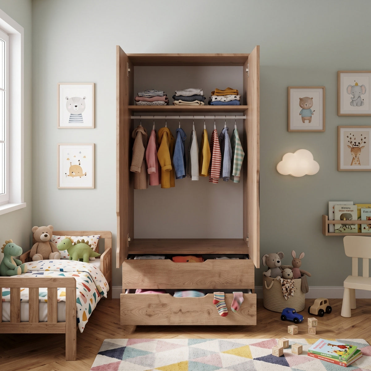 Bimossa KG22 Winnie 2 Kapaklı Gardırop, 80 cm Askılı ve 2 Çekmeceli Bebek ve Çocuk Odası Gardırobu