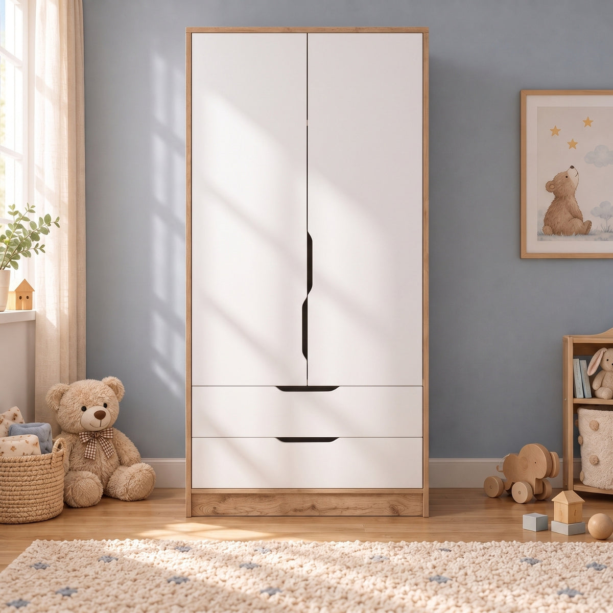 Bimossa KG22 Winnie 2 Kapaklı Gardırop, 80 cm Askılı ve 2 Çekmeceli Bebek ve Çocuk Odası Gardırobu