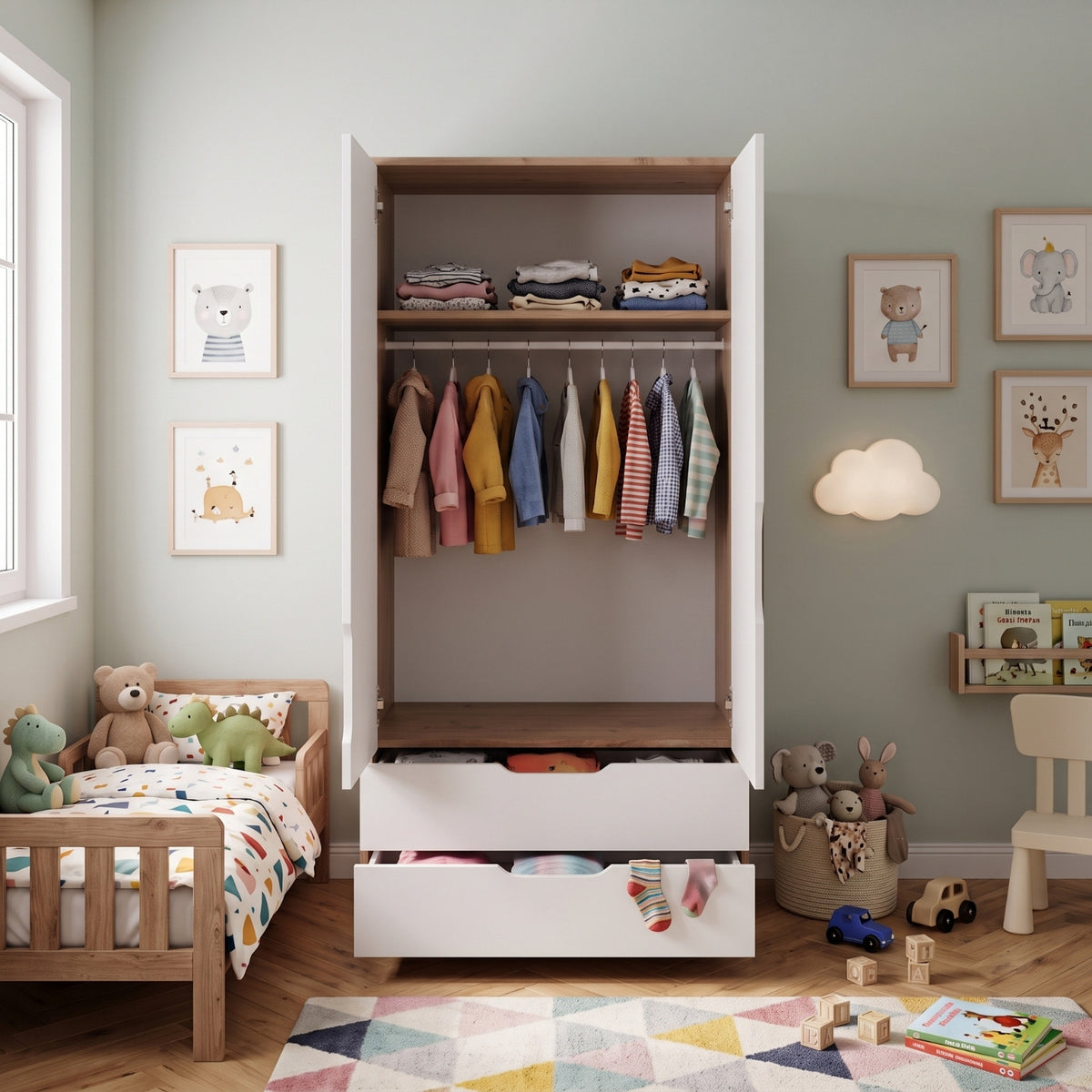 Bimossa KG22 Winnie 2 Kapaklı Gardırop, 80 cm Askılı ve 2 Çekmeceli Bebek ve Çocuk Odası Gardırobu