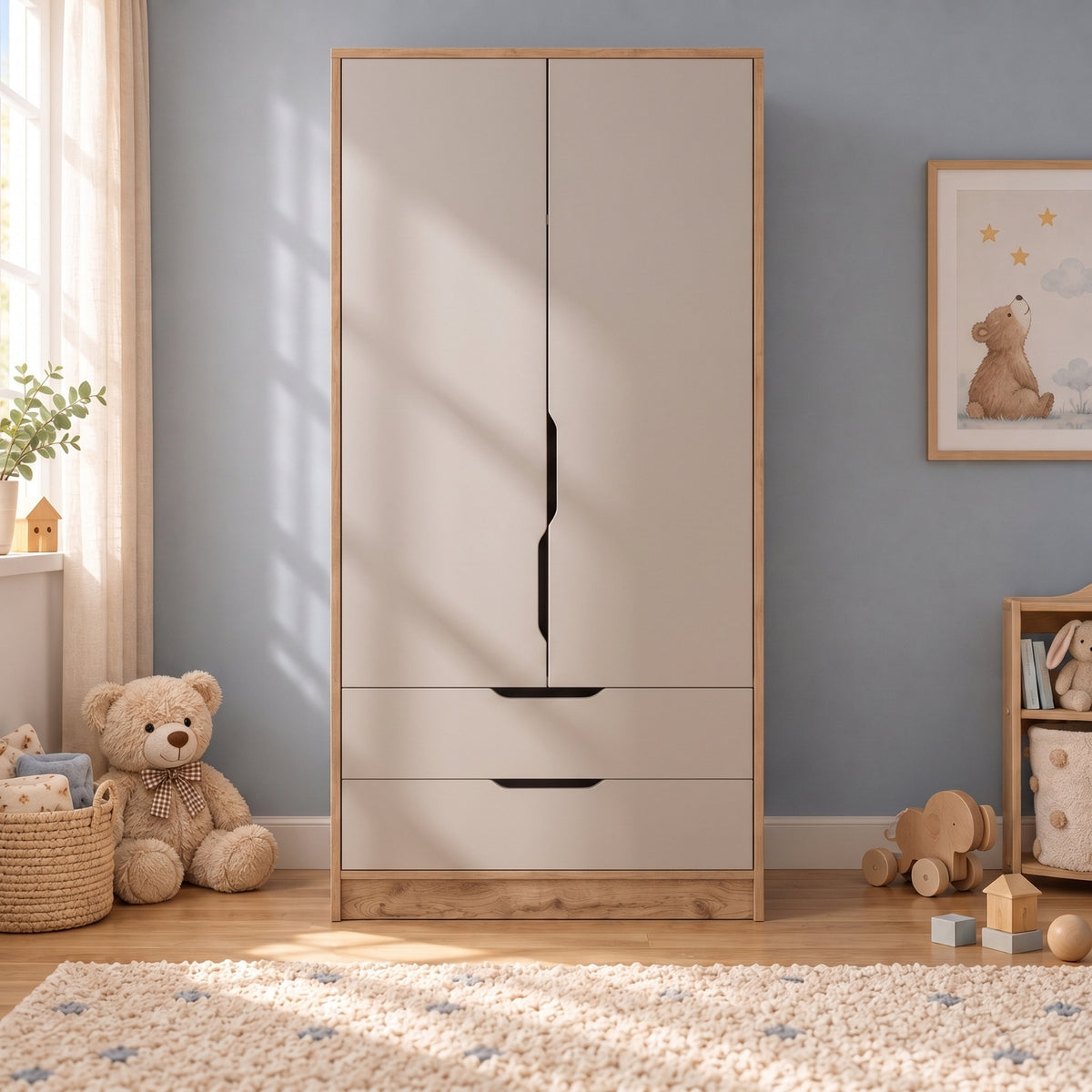 Bimossa KG22 Winnie 2 Kapaklı Gardırop, 80 cm Askılı ve 2 Çekmeceli Bebek ve Çocuk Odası Gardırobu