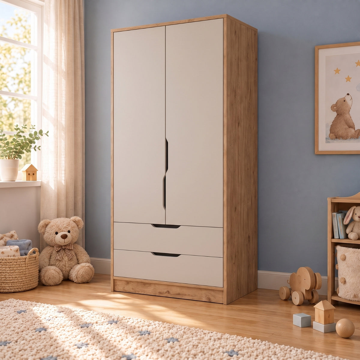Bimossa KG22 Winnie 2 Kapaklı Gardırop, 80 cm Askılı ve 2 Çekmeceli Bebek ve Çocuk Odası Gardırobu