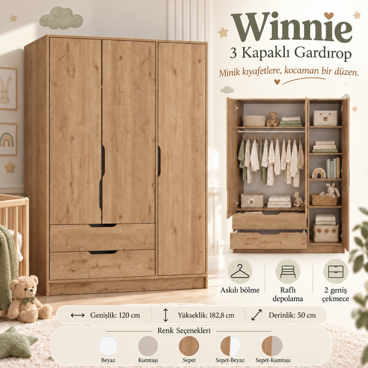 Winnie 3 Kapaklı Gardırop, 120 cm Askılı, Raflı ve 2 Çekmeceli Bebek ve Çocuk Odası Gardırobu