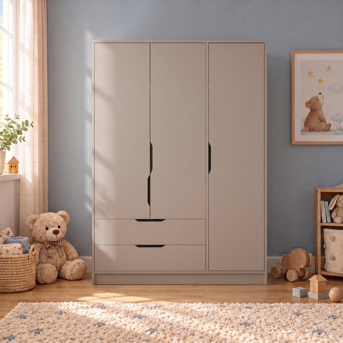 Winnie 3 Kapaklı Gardırop, 120 cm Askılı, Raflı ve 2 Çekmeceli Bebek ve Çocuk Odası Gardırobu