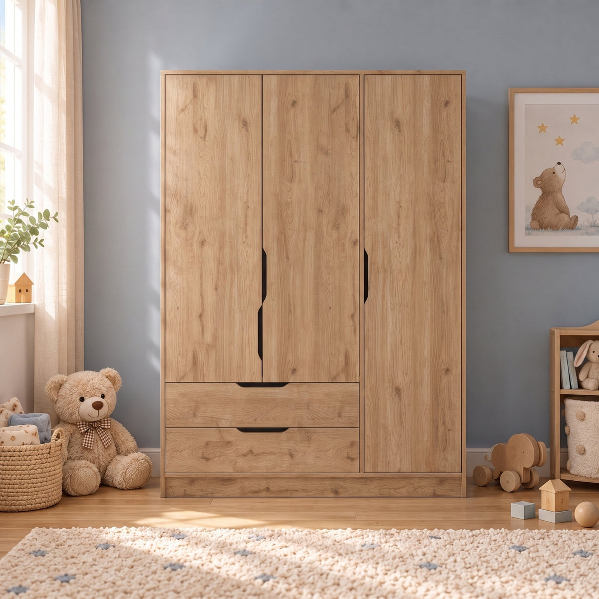 Winnie 3 Kapaklı Gardırop, 120 cm Askılı, Raflı ve 2 Çekmeceli Bebek ve Çocuk Odası Gardırobu