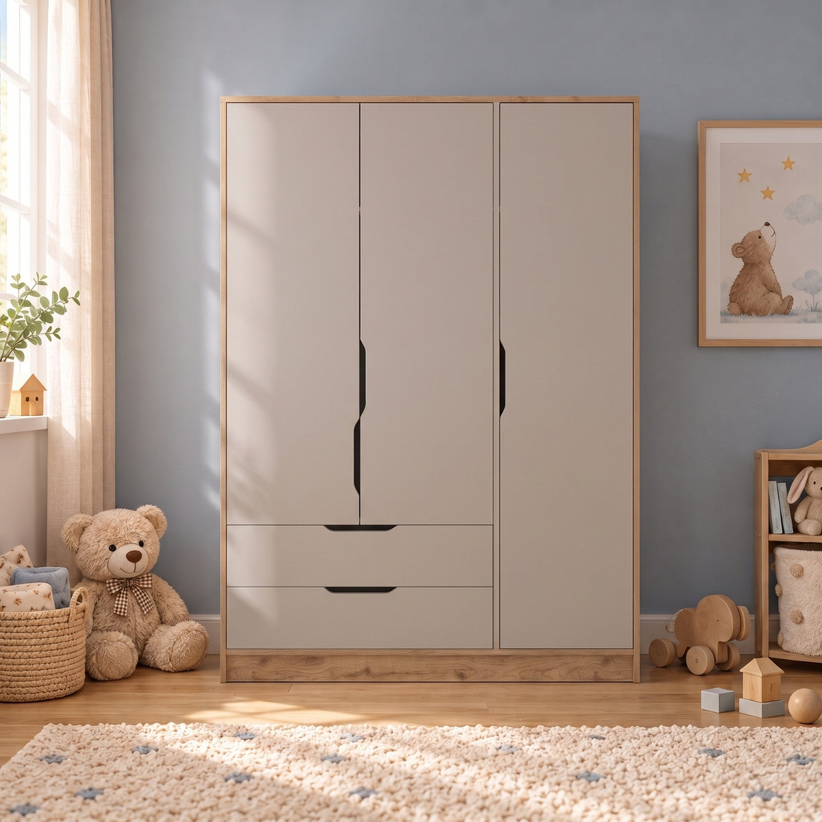 Winnie 3 Kapaklı Gardırop, 120 cm Askılı, Raflı ve 2 Çekmeceli Bebek ve Çocuk Odası Gardırobu