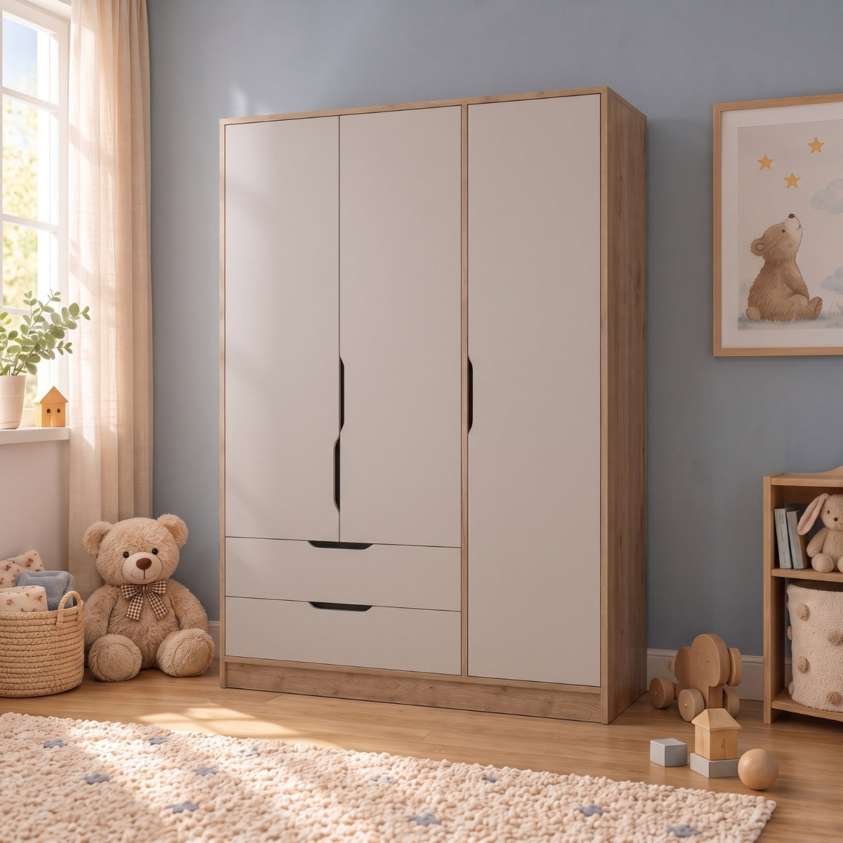 Winnie 3 Kapaklı Gardırop, 120 cm Askılı, Raflı ve 2 Çekmeceli Bebek ve Çocuk Odası Gardırobu
