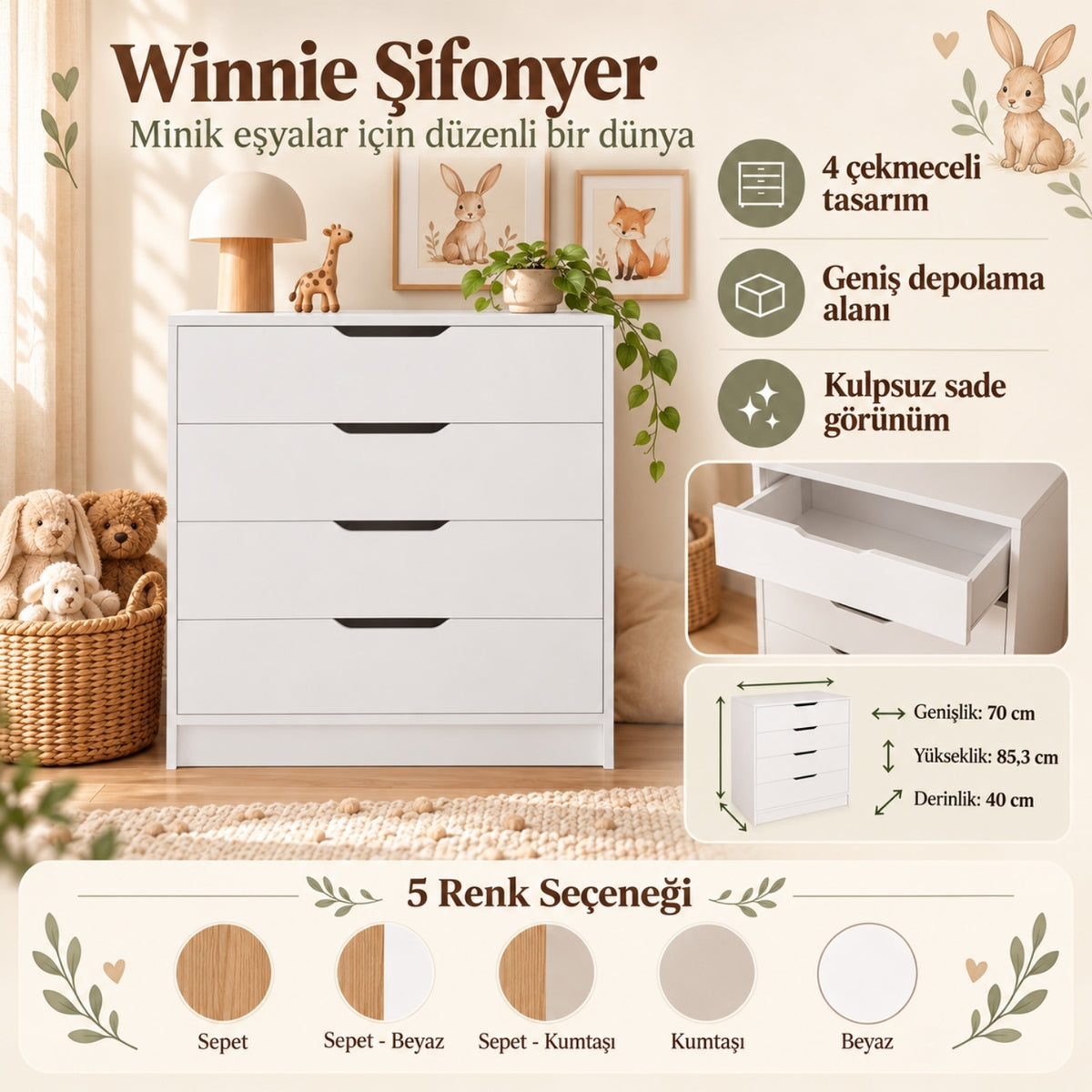 Bimossa N32 Winnie 4 Çekmeceli Şifonyer, 70 cm Modern Bebek ve Çocuk Odası Şifonyeri