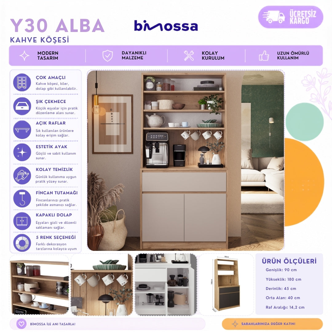 Bimossa Y30 Alba Çok Amaçlı Kahve Köşesi Dolabı