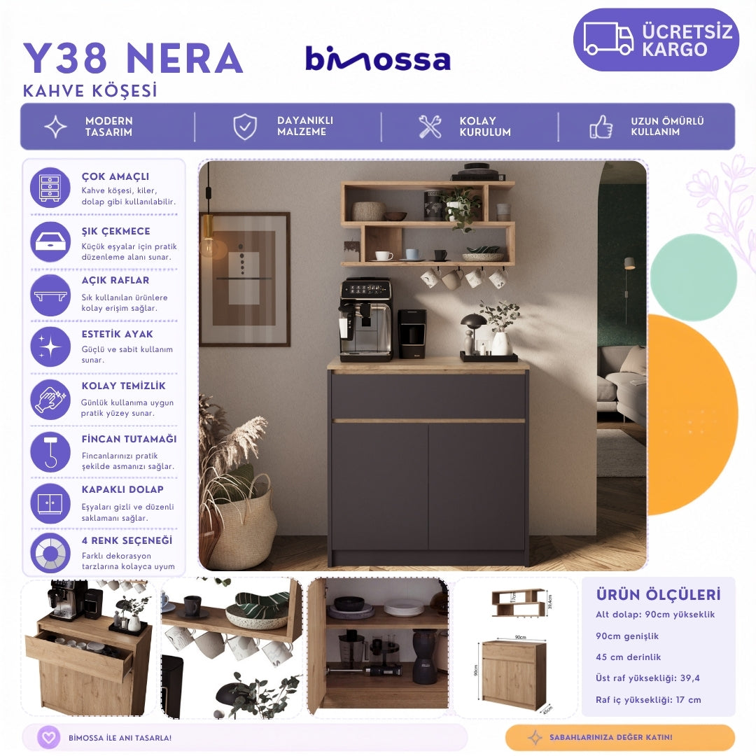 Bimossa Y38 Nera Kahve Köşesi Dolabı, Modern Geniş Depolama Alanı, Yeni Çok Amaçlı Dolap