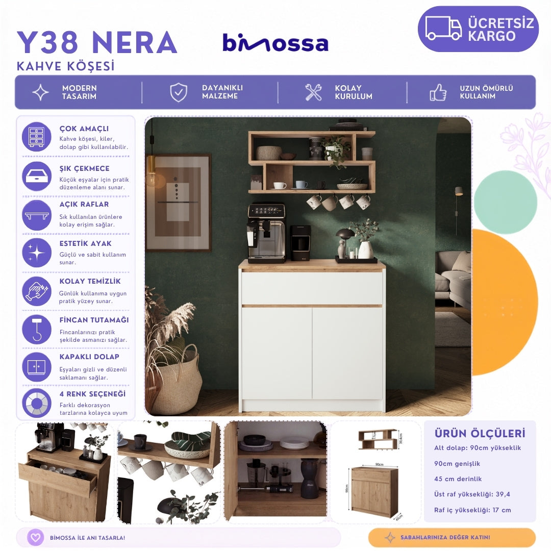 Bimossa Y38 Nera Kahve Köşesi Dolabı, Modern Geniş Depolama Alanı, Yeni Çok Amaçlı Dolap