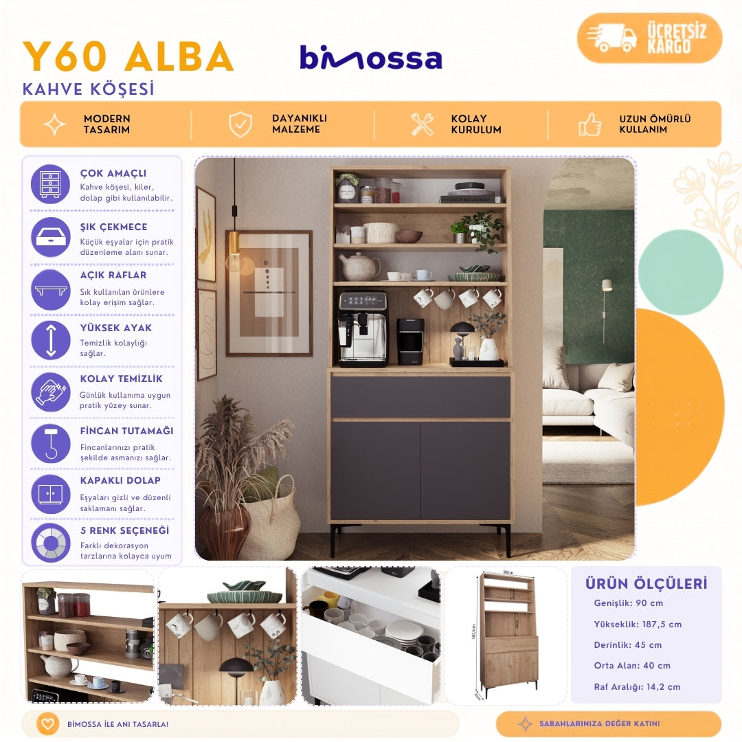 Bimossa Y60 Alba Çok Amaçlı Yüksek Ayaklı Kahve Köşesi Dolabı