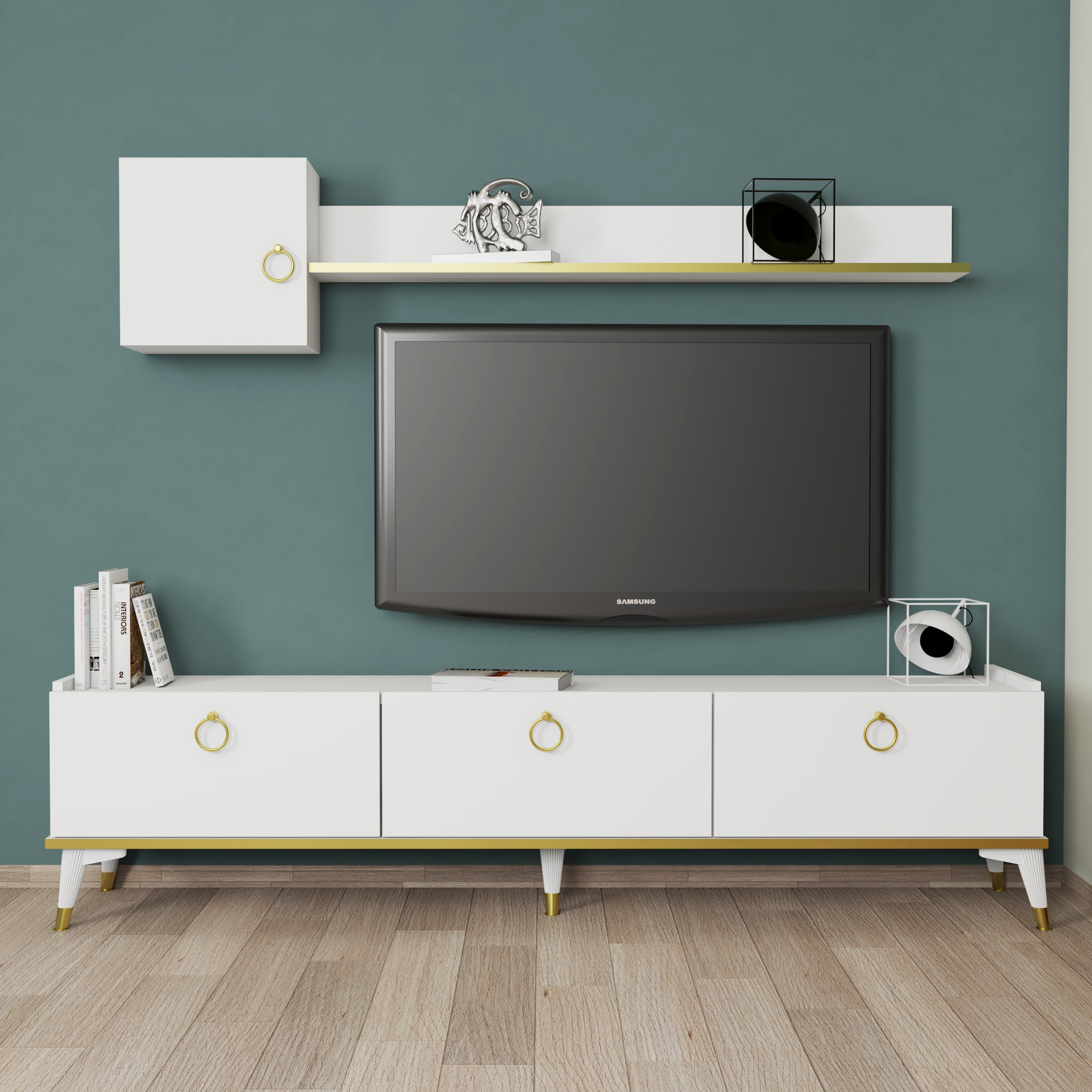 Vesta TV Ünitesi 180 cm Beyaz-Gold Detaylı E4510